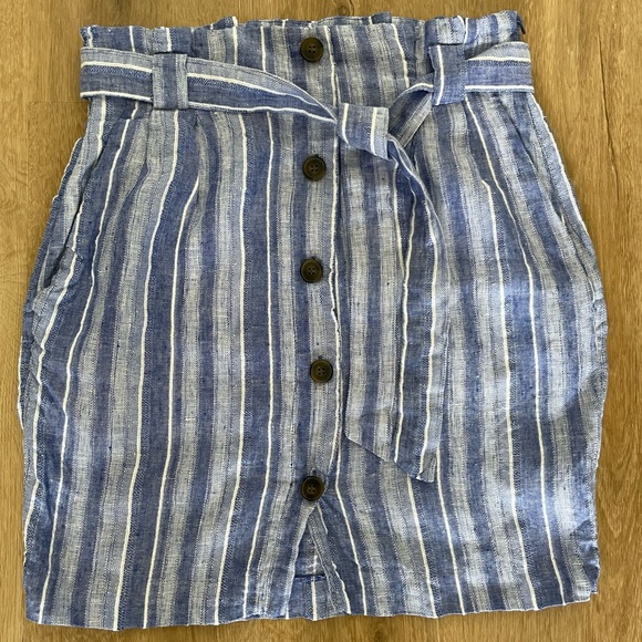 Size 6 H&M Linen High Waisted Blue and White Skirt Pockets and Belt - Picture 3 of 4
